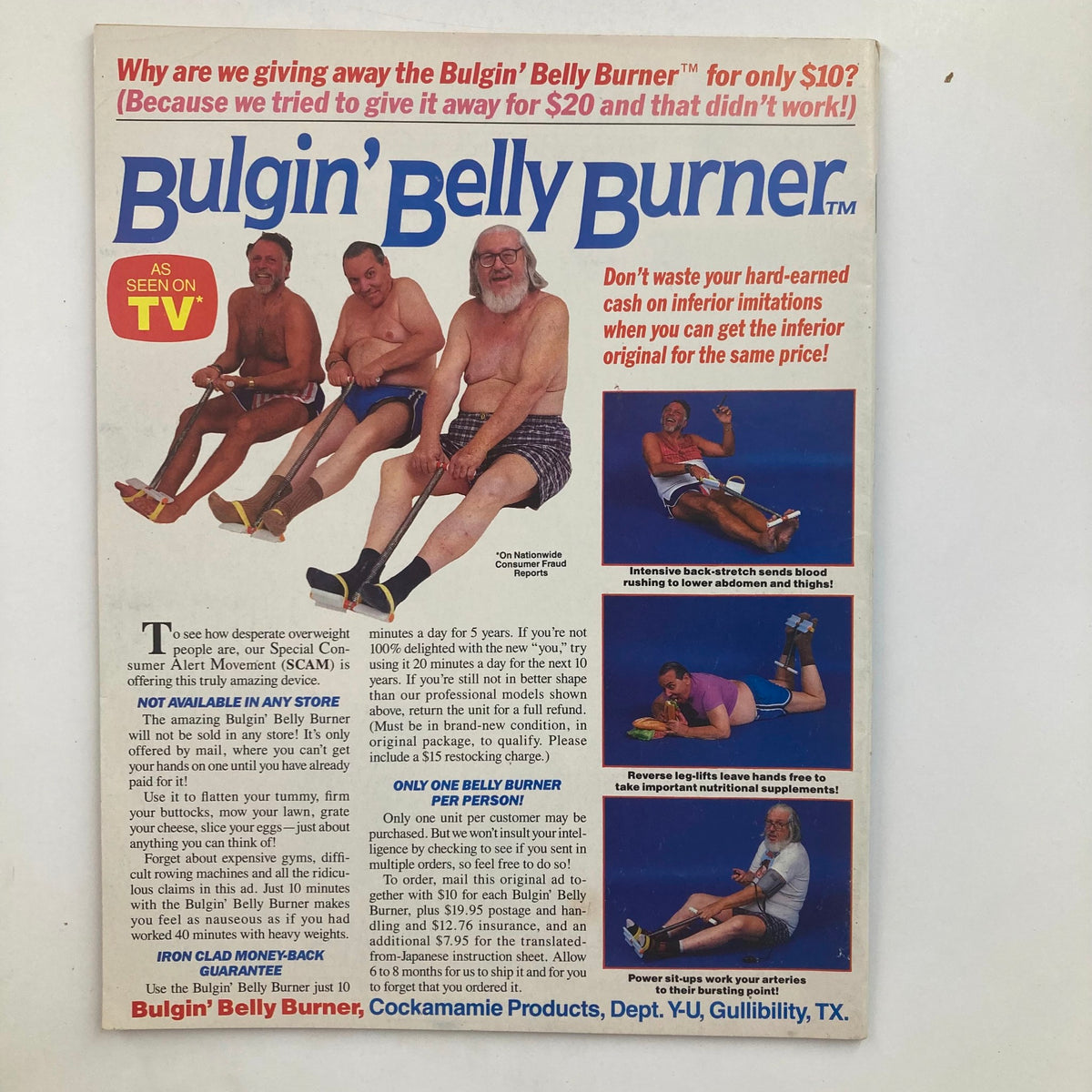 Back cover of Mad Magazine June 1988 No. 279 featuring an advertisement for the Bulgin' Belly Burner exercise device, showcasing multiple individuals using the product in a humorous context.
