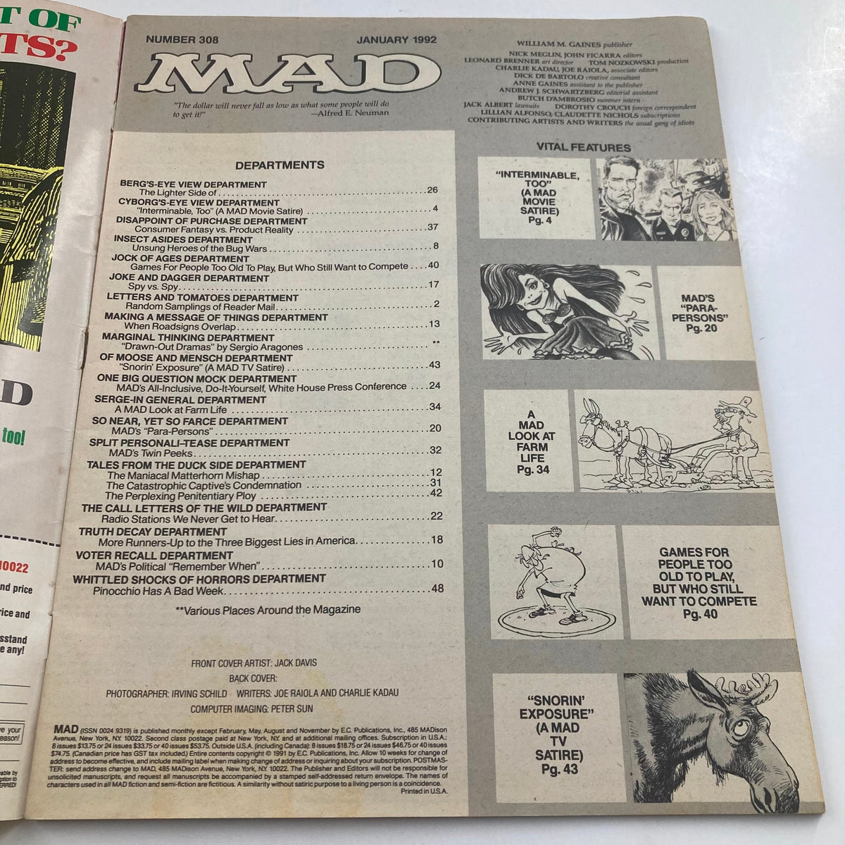 Inside page of Mad Magazine January 1992 No. 308 displaying the contents and features of the issue, highlighting classic satire and humor.