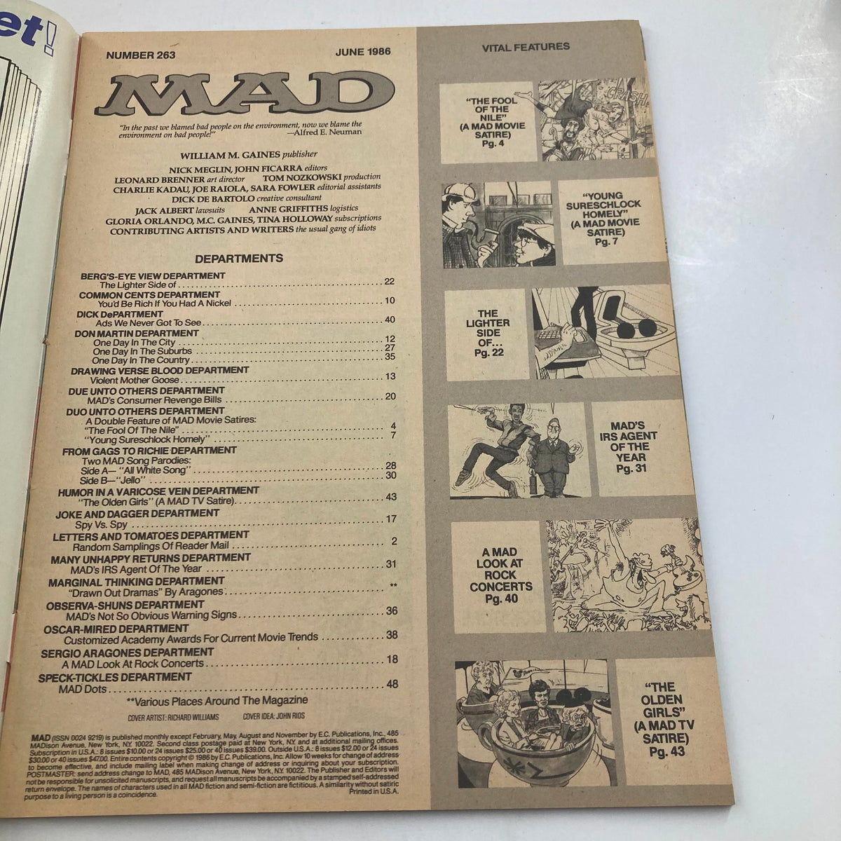 Interior page from Mad Magazine June 1986 No. 263 displaying the table of contents and vital features, highlighting various comedic segments.
