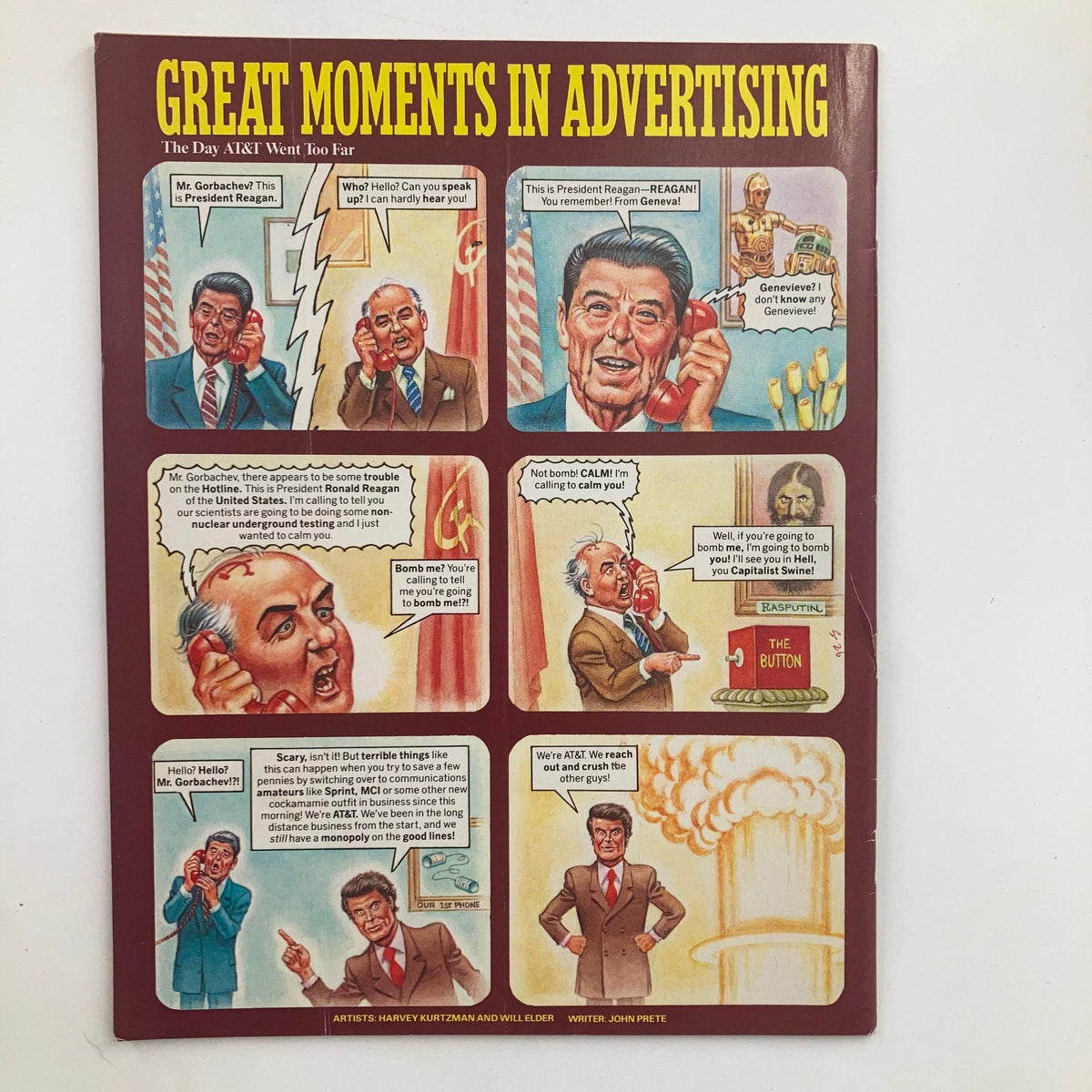 Back cover of Mad Magazine June 1986 No. 263 depicting a humorous comic strip titled 'Great Moments in Advertising', featuring caricatures of Reagan and Gorbachev.