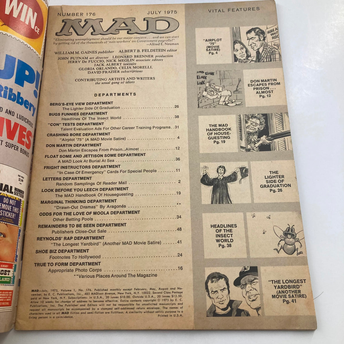 Table of contents from Mad Magazine July 1975 No. 176, detailing various humorous articles and features included in the issue, reflecting the satirical tone of the magazine.