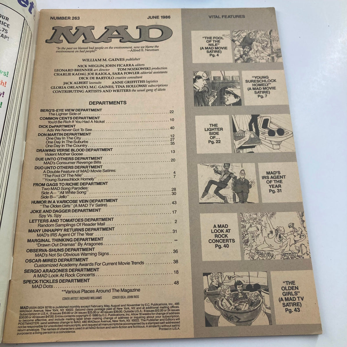 Interior page of Mad Magazine June 1986 No. 263 showcasing editorial departments and humor sections including iconic satirical content from the 1980s.