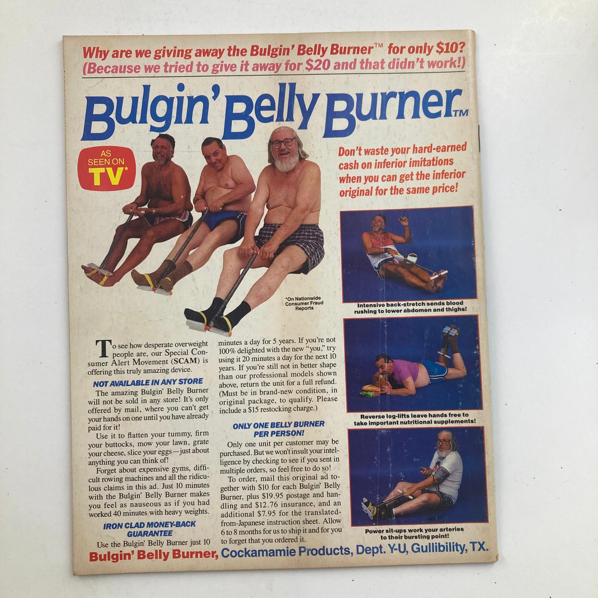 Cover of the Bulgin' Belly Burner advertisement showcasing four men demonstrating the fitness product. The ad offers a comedic take on weight loss gadgets, complementing the Mad Magazine June 1988 No. 279 retro aesthetic.