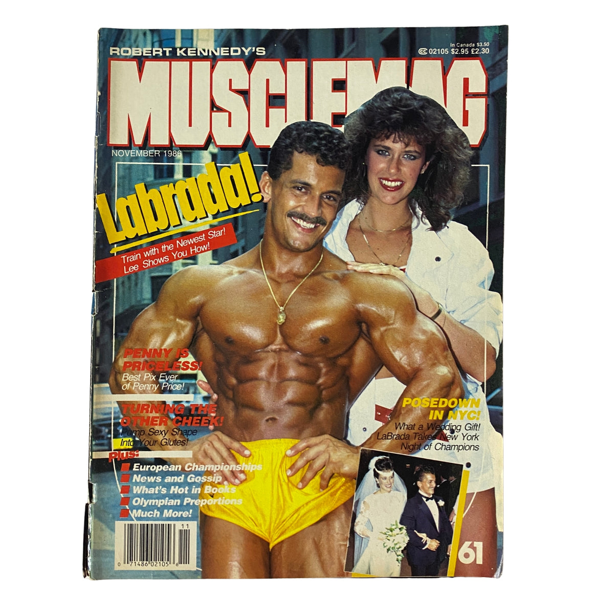 Cover of MuscleMag International Magazine, November 1986, No. 61 featuring Lee Labrada and Robin. The magazine showcases a muscular male model in a pose wearing yellow shorts, reflecting 1980s bodybuilding culture.