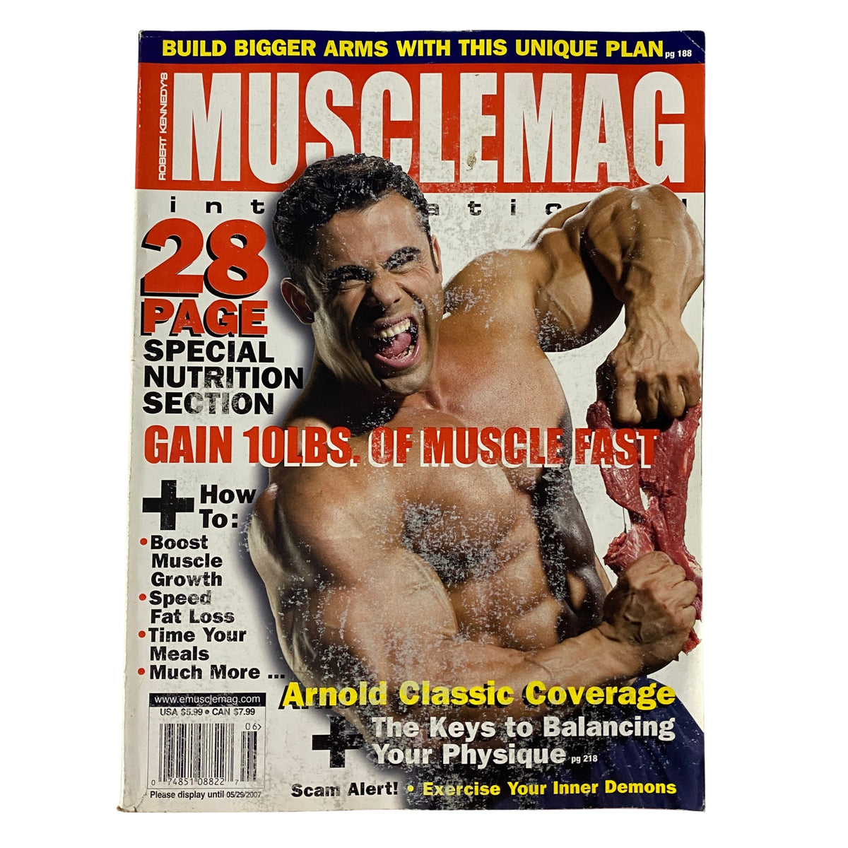 MuscleMag International Magazine June 2007 No. 301 featuring Moe El Moussawi on the cover, showcasing bodybuilding tips and special nutrition section for muscle gain.
