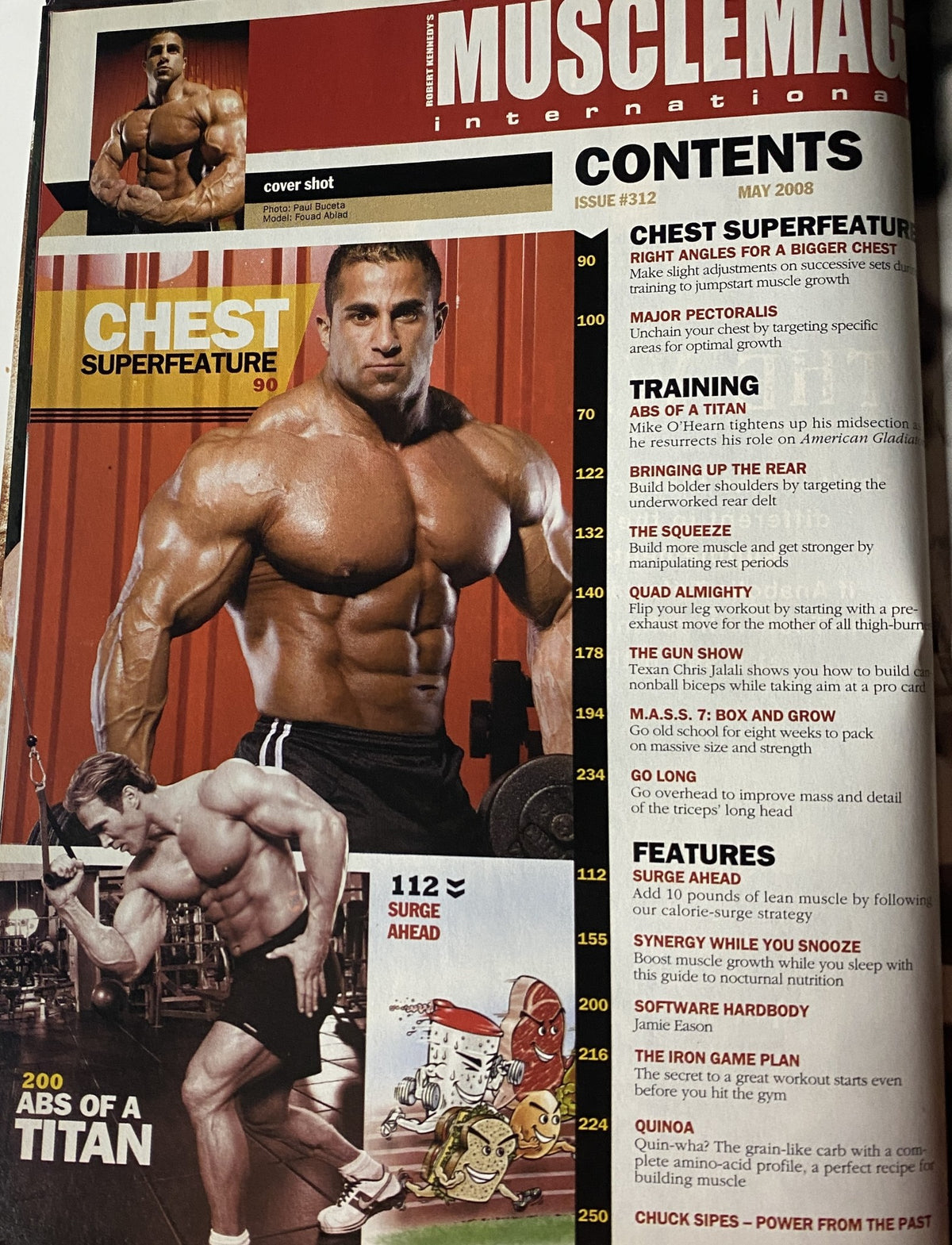 Contents page of MuscleMag International Magazine May 2008 No. 312 detailing featured articles including training tips and athlete profiles.