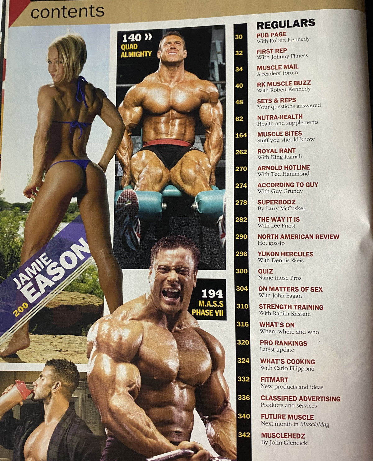 Second contents page of MuscleMag International Magazine May 2008 No. 312 highlighting regular features and bodybuilding insights.