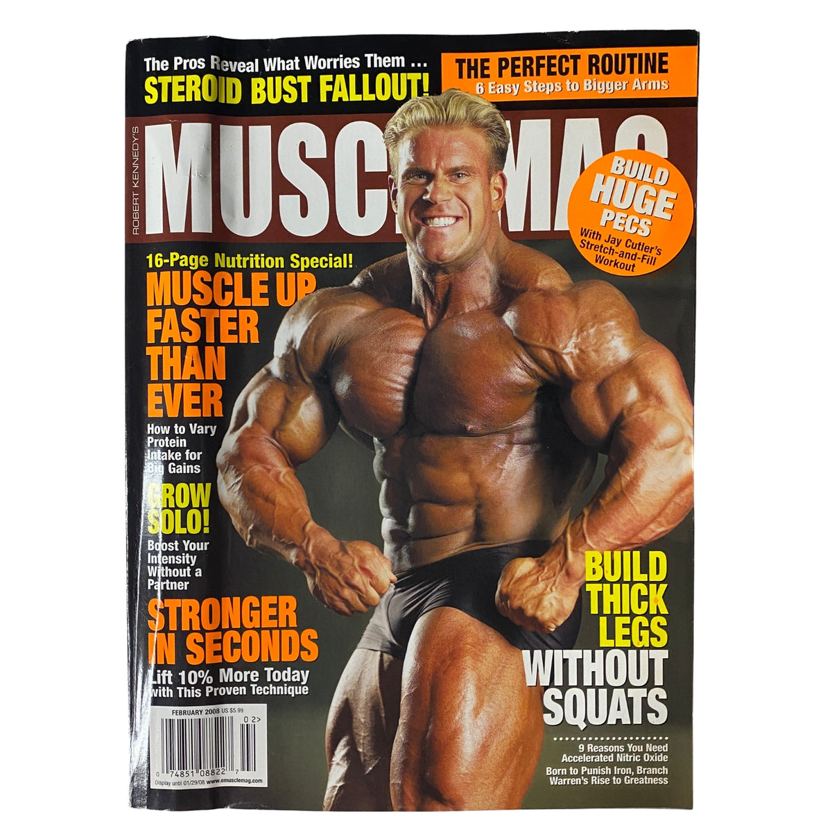 Cover of MuscleMag International Magazine February 2008 No. 309 featuring a muscular bodybuilder showcasing strength. The magazine discusses topics related to bodybuilding and fitness.