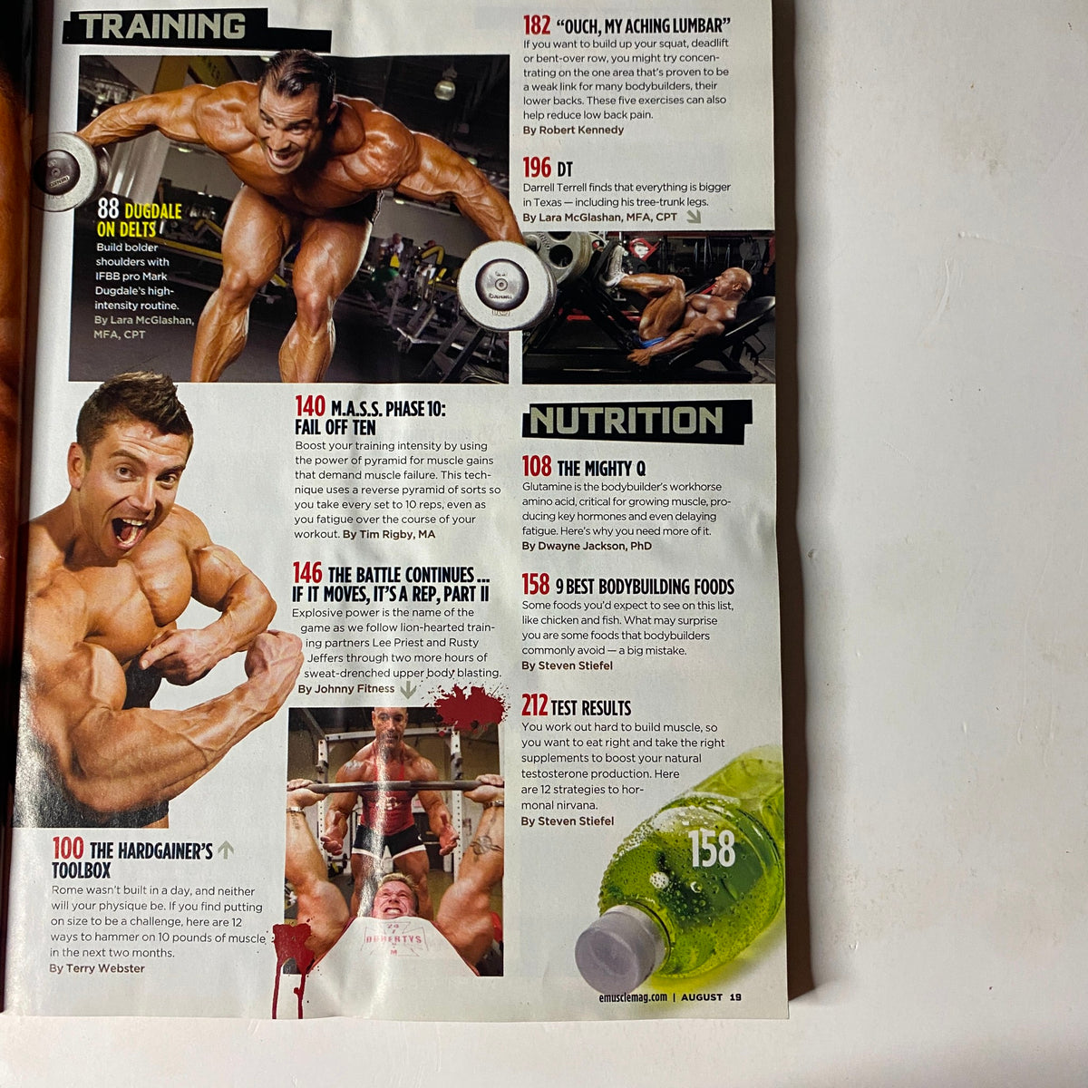 MuscleMag International Magazine August 2008 #315 showing a training and nutrition page with bodybuilding advice and images of muscular athletes.