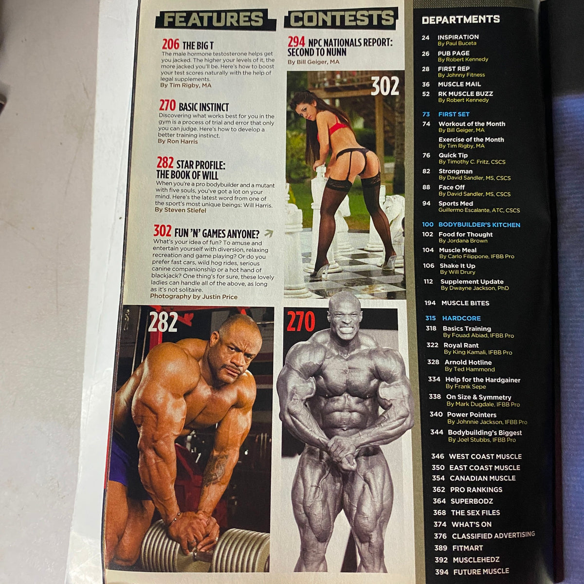 Features and contests page from MuscleMag International Magazine March 2009 No. 322 including profiles of bodybuilders and fitness contests information.