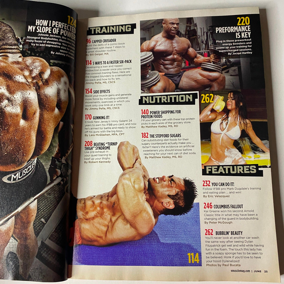 Inside page of MuscleMag International Magazine June 2010 #337 highlighting training routines and nutritional advice for bodybuilders, including sections on performance and key fitness topics.
