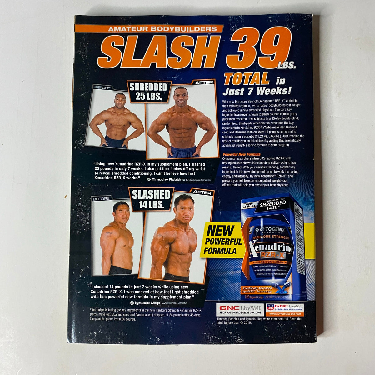 Back cover of MuscleMag International Magazine July 2010, promoting bodybuilding supplements and success stories of amateur bodybuilders.