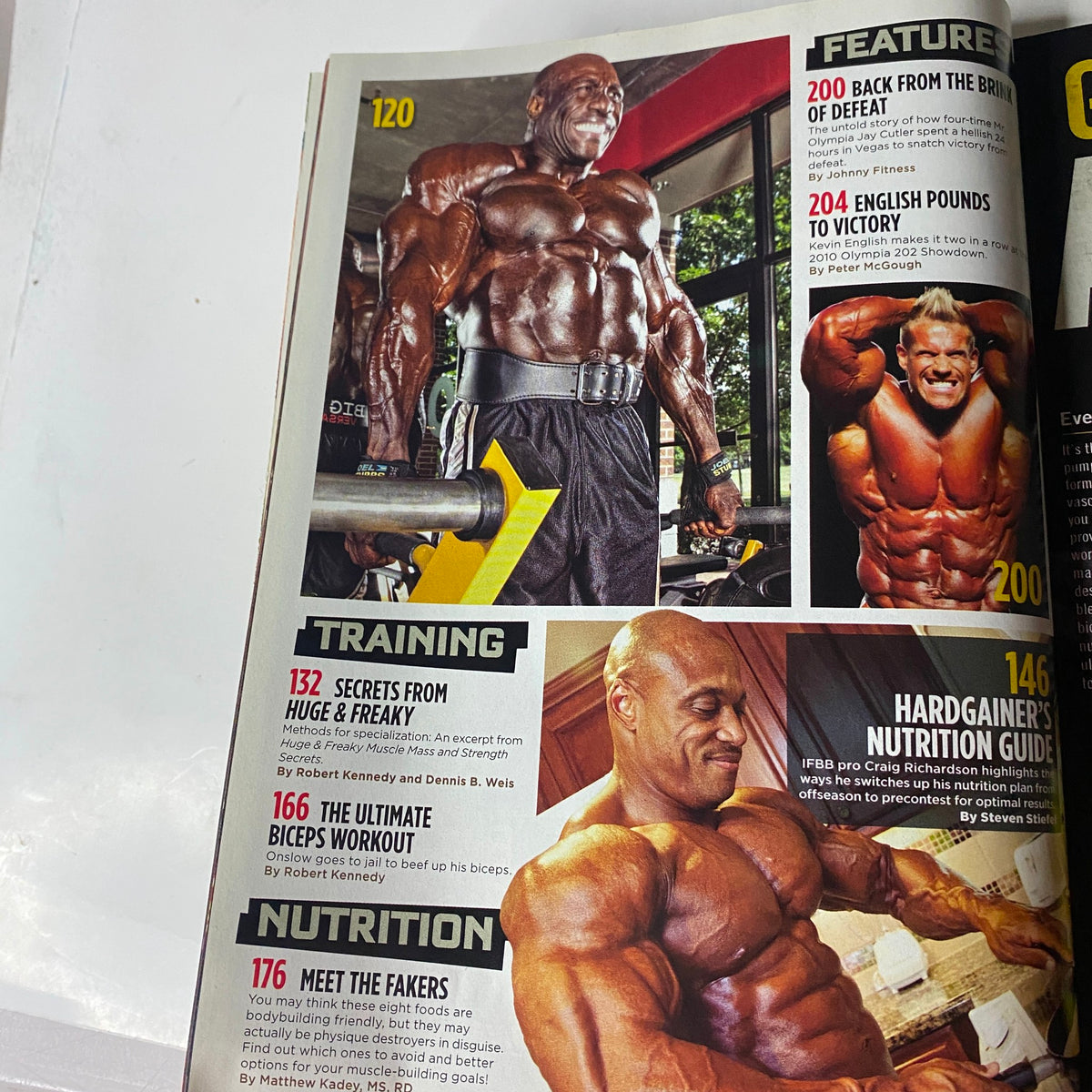 Another interior page of MuscleMag International Magazine February 2011, featuring articles on training and bodybuilding insights with well-known bodybuilders.