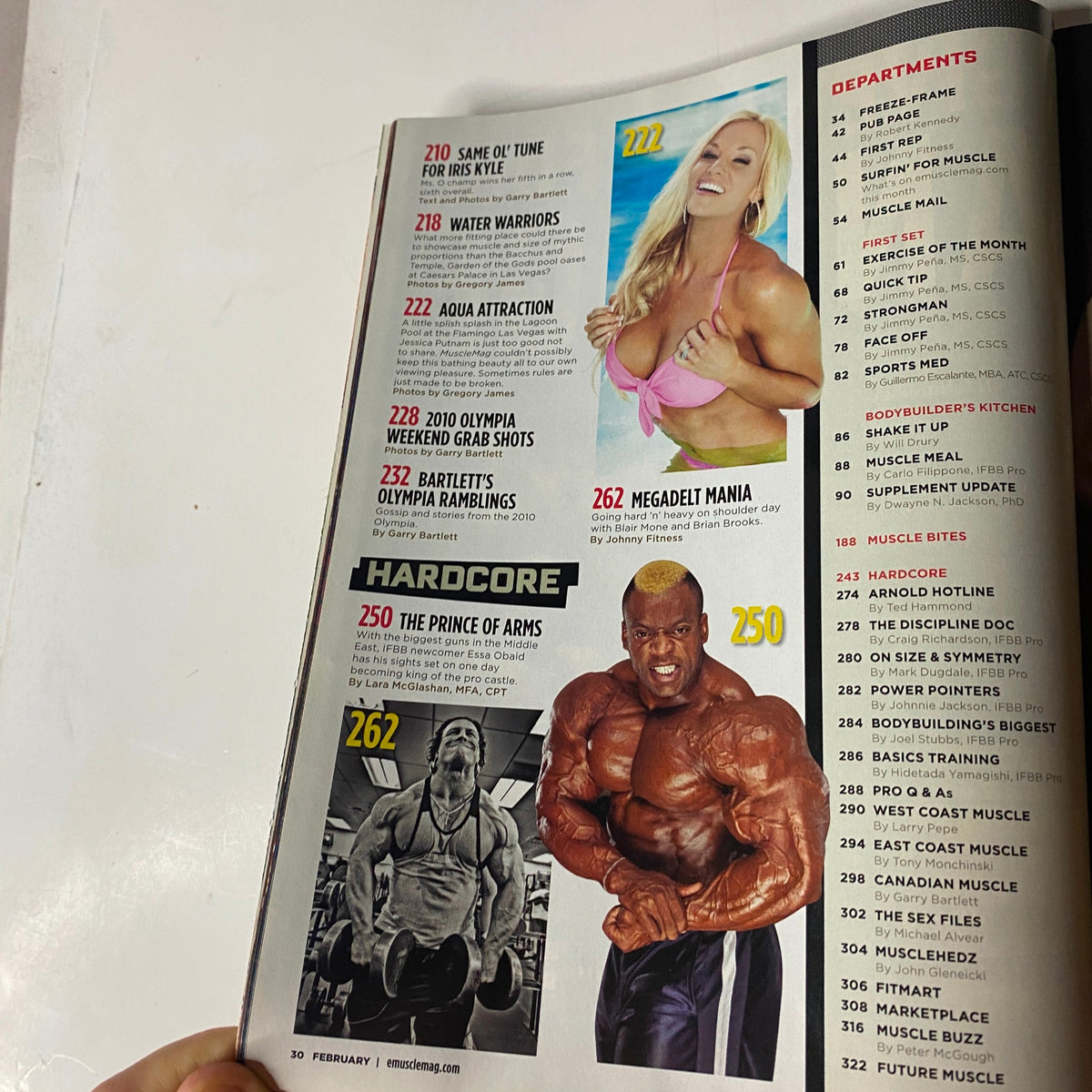 Interior spread from MuscleMag International Magazine February 2011, featuring additional departments and features related to bodybuilding culture.