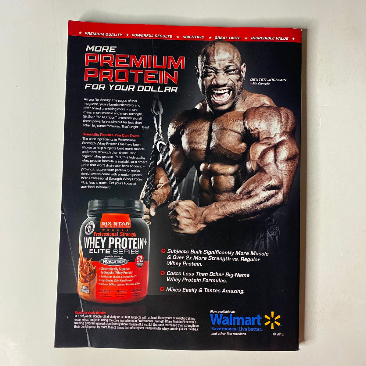 Advert in MuscleMag International Magazine February 2011 promoting premium protein, indicating the best value for bodybuilding nutrition.