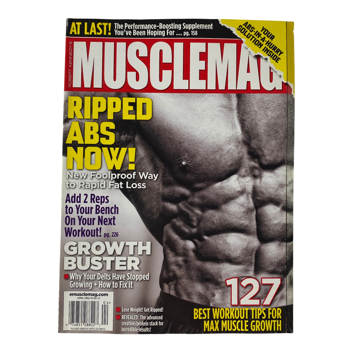 Cover of MuscleMag International Magazine April 2011 #347 featuring Tamer El Shahat, showcasing headlines about ripped abs and rapid fat loss.