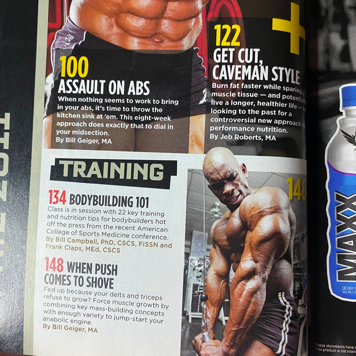 Interior page of MuscleMag International Magazine April 2011 #347 with a focus on training, featuring an article titled 'Bodybuilding 101' with tips for enhancing workout intensity.