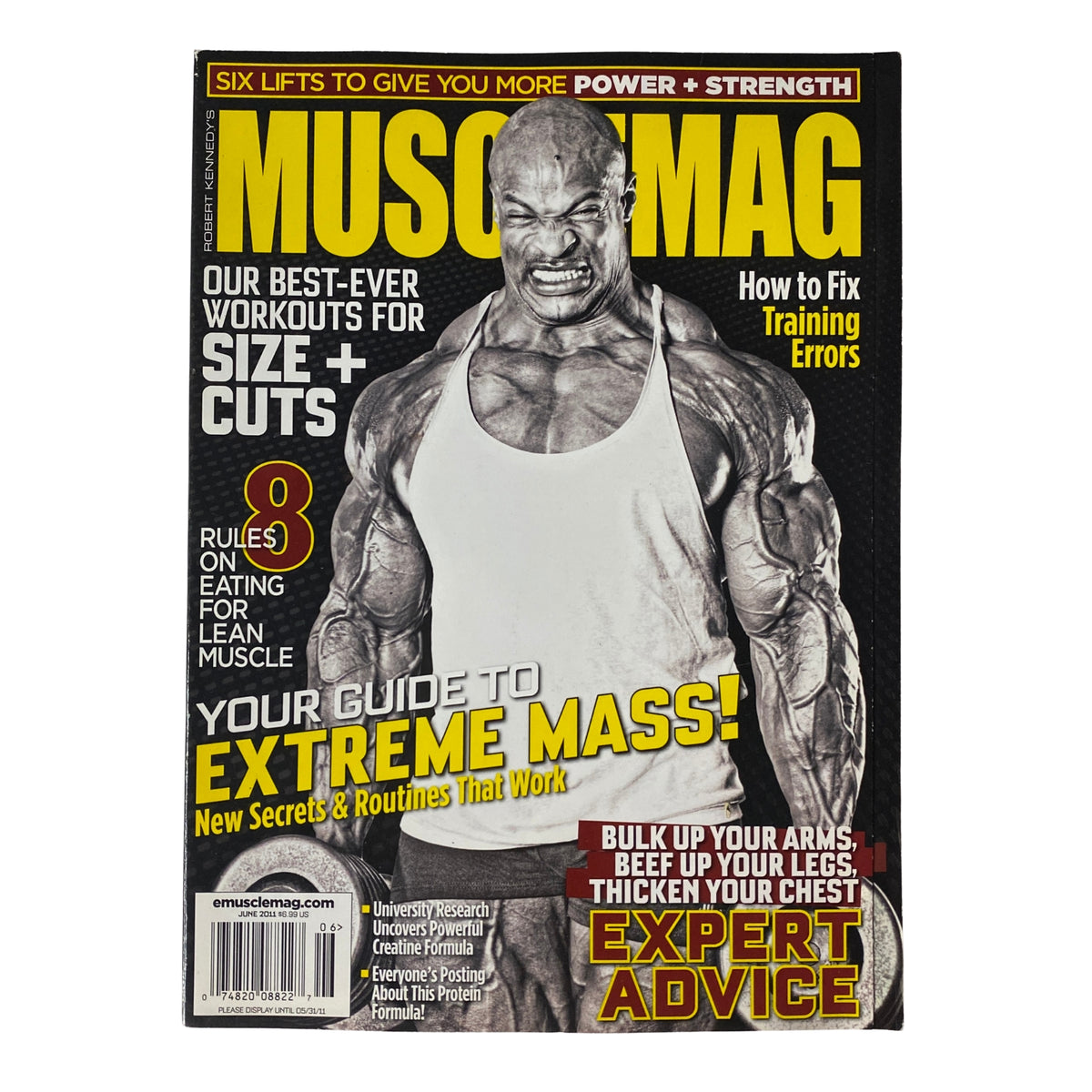 MuscleMag International Magazine June 2011, No. 349 featuring Ronnie Coleman on the cover, ideal for bodybuilding enthusiasts.