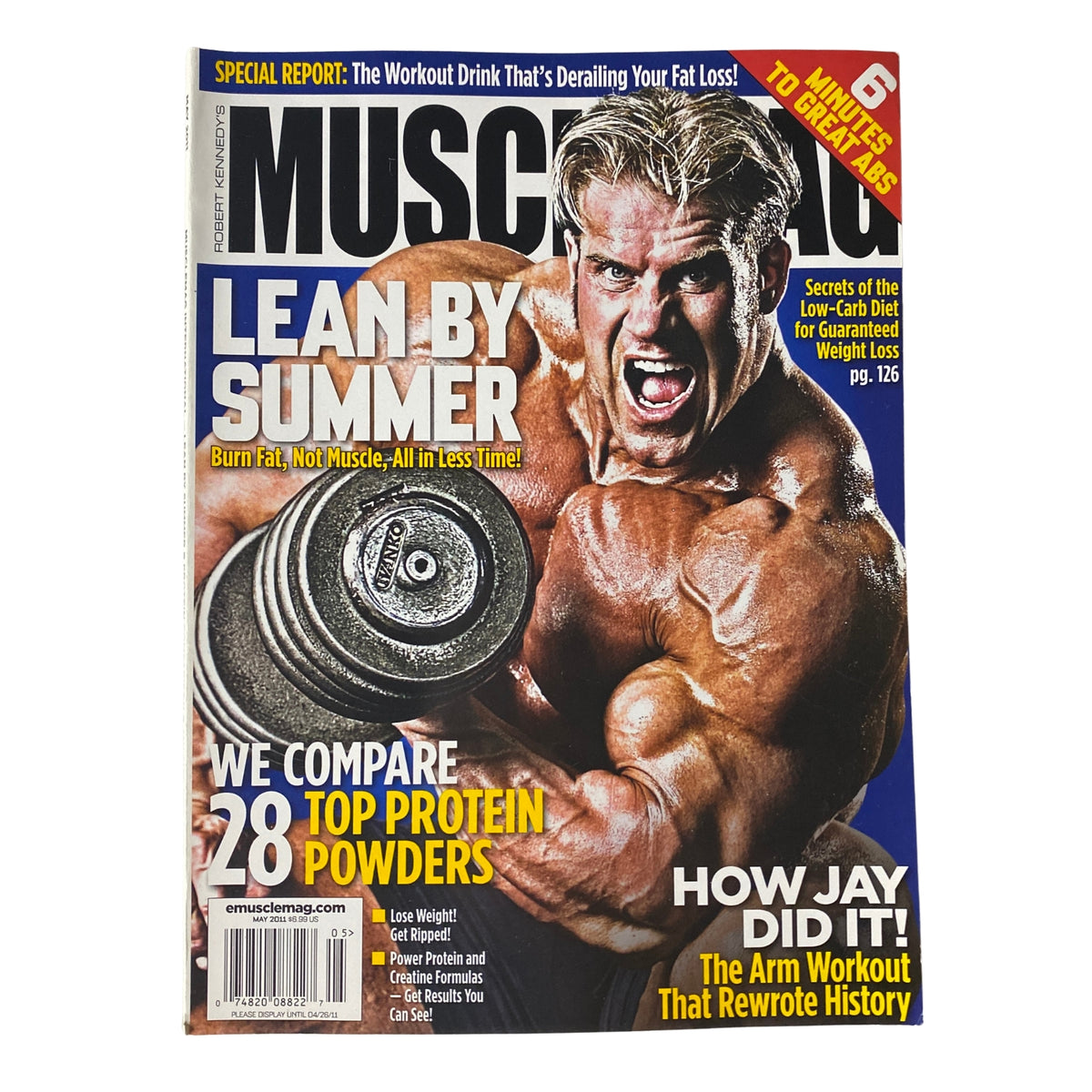 MuscleMag International Magazine May 2011, Issue #348 featuring a muscular man training with dumbbells on the cover, promoting bodybuilding and fitness.