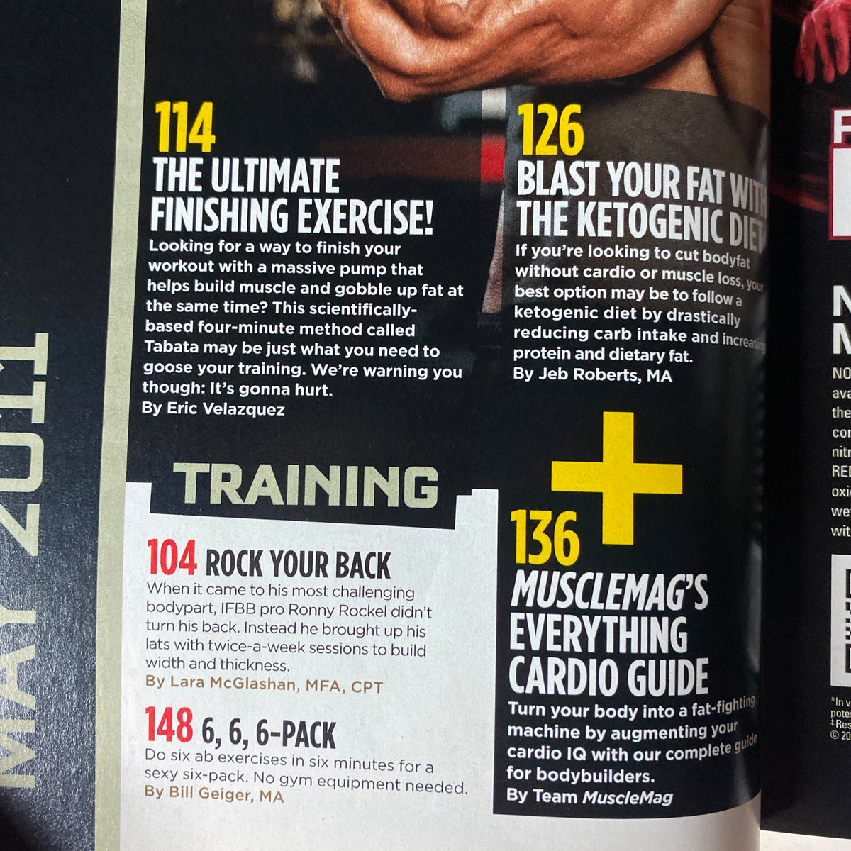 Inside page from MuscleMag International Magazine May 2011, Issue #348 showcasing exercise information with titles like 'The Ultimate Finishing Exercise' and 'Blast Your Fat With The Ketogenic Diet'.