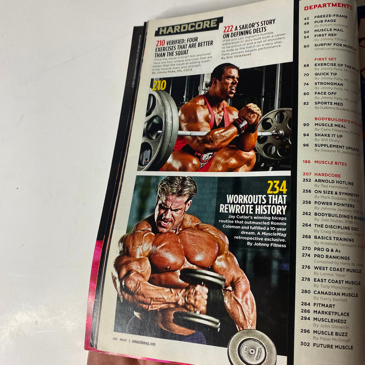 MuscleMag International Magazine May 2011, Issue #348 featuring hardcore training exercises with illustrations of bodybuilders performing various workouts.