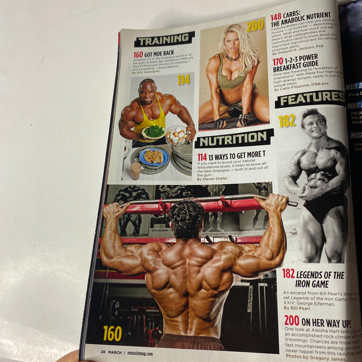 Interior page from MuscleMag International Magazine March 2011, No. 346 featuring a nutrition section with images and tips for bodybuilding meals and fitness.