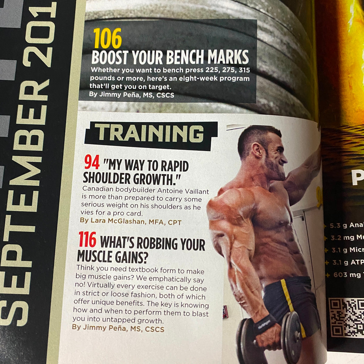 Page from MuscleMag International September 2011 featuring an article titled "My Way to Rapid Muscle Growth" discussing bodybuilding strategies with Canadian bodybuilder Antoine Vaillant.