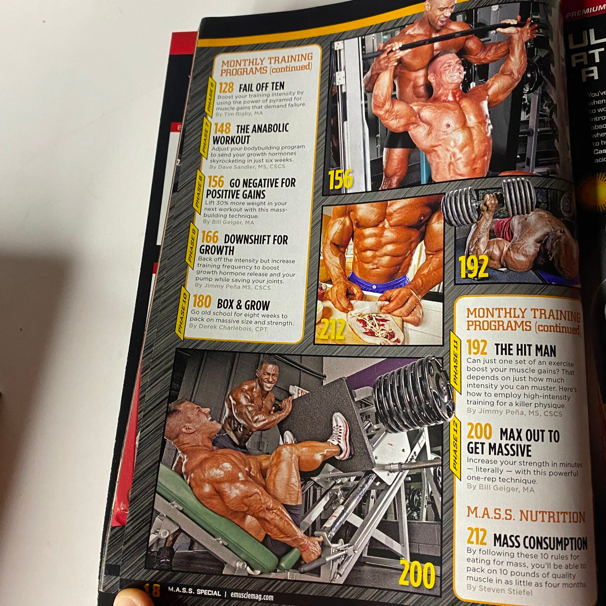 Inside pages from MuscleMag International Magazine Winter 2011 featuring training programs and exercises for bodybuilding, including images of a bodybuilder performing various workout techniques. Highlighting the M.A.S.S. Program designed for muscle growth.