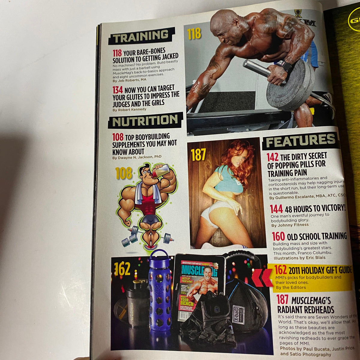 Inside page from MuscleMag International Magazine December 2011 detailing training routines, nutrition advice, and top bodybuilding supplements, emphasizing fitness strategies for enthusiasts.