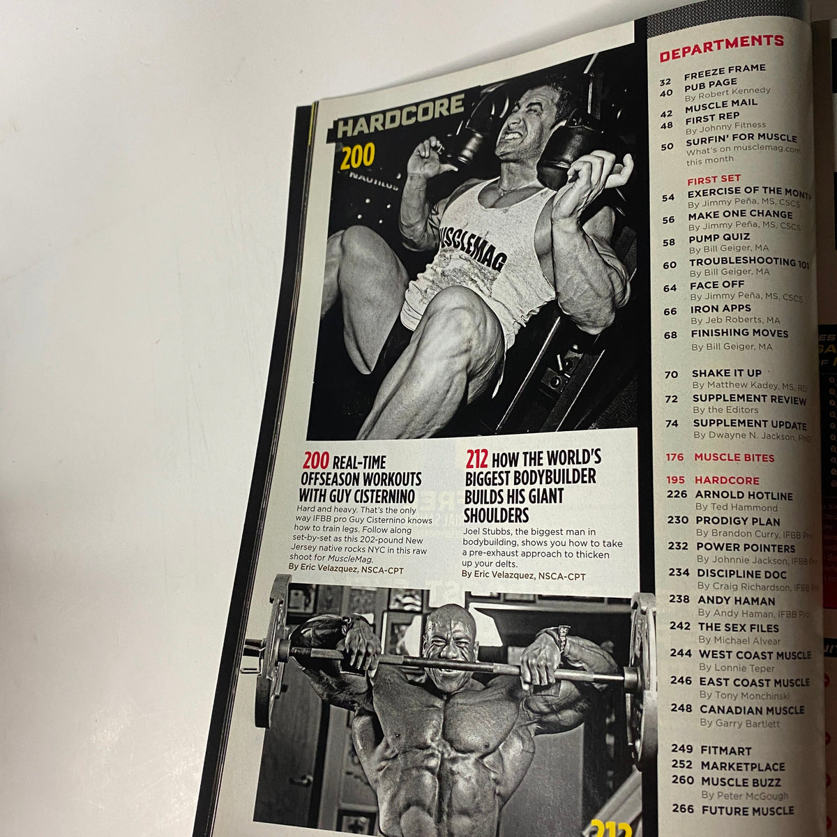 Another interior page from MuscleMag International Magazine December 2011 featuring hardcore workout techniques and insights from prominent bodybuilders like Guy Cisternino.