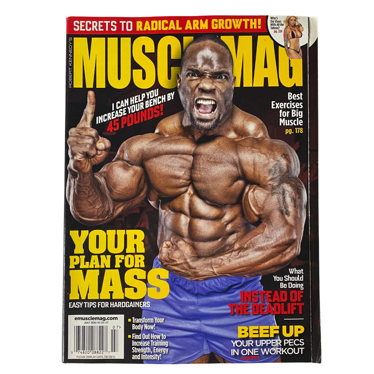 Cover of MuscleMag International Magazine July 2011 featuring Johnnie Jackson, showcasing bodybuilding tips and workouts for muscle growth.