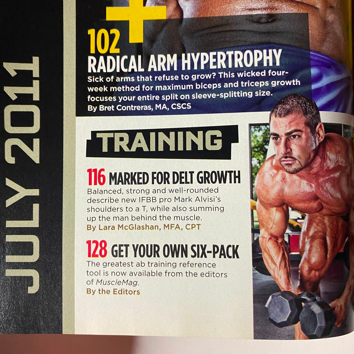 Inside page of MuscleMag July 2011 detailing training techniques for shoulder growth with expert advice from IFBB pro Mark Alvisi.