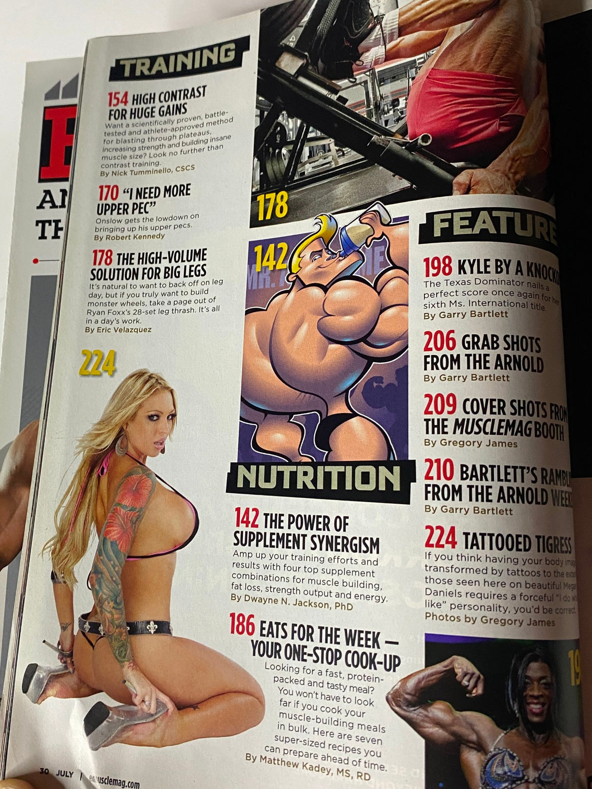 Nutrition and training highlights from MuscleMag July 2011, including powerful supplement strategies and bodybuilding meal prep tips.