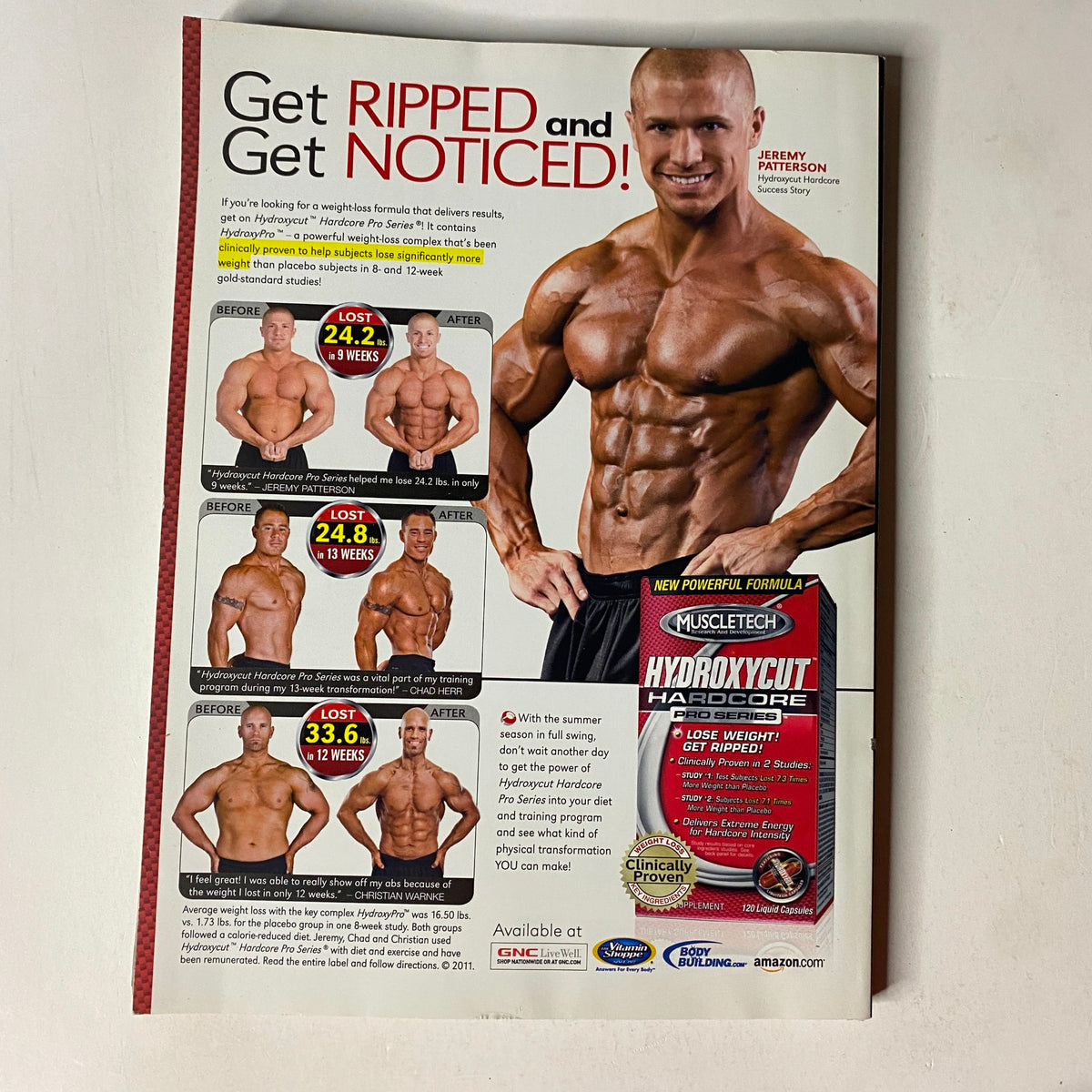Promotional page from MuscleMag July 2011 featuring transformations with Hydroxycut, emphasizing weight loss success stories for fitness enthusiasts.