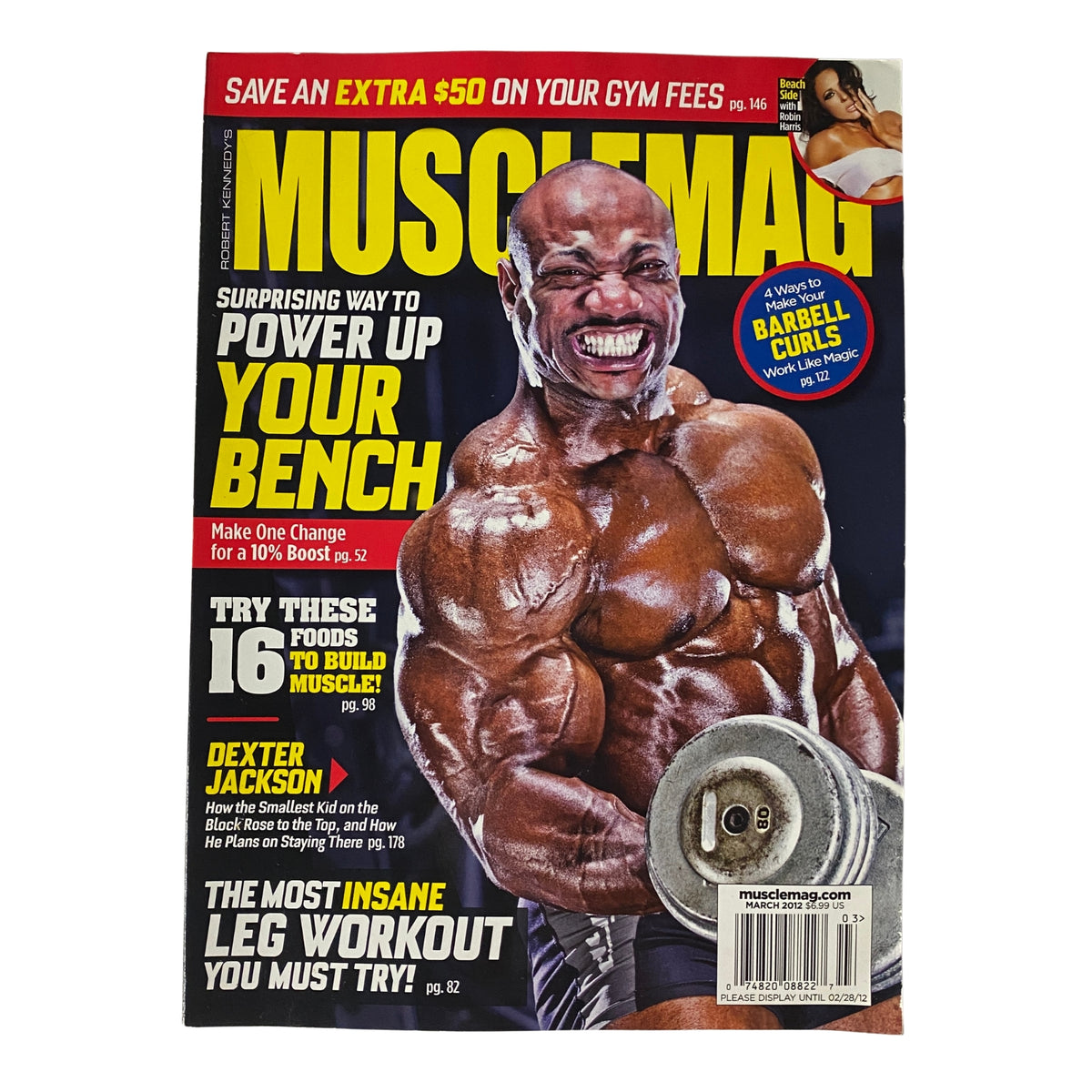 Cover of MuscleMag International Magazine March 2012, issue #358 featuring IFBB Pro Dexter Jackson, showcasing a fitness article on arm training and cost-saving gym strategies.