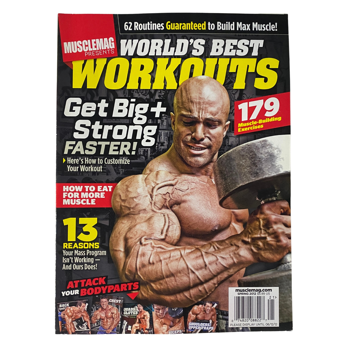 Cover of MuscleMag International Magazine Spring 2012 featuring the title 'World's Best Workouts.' Highlights include bodybuilding techniques, muscle-building exercises, and striking cover image of a muscular man lifting weights.