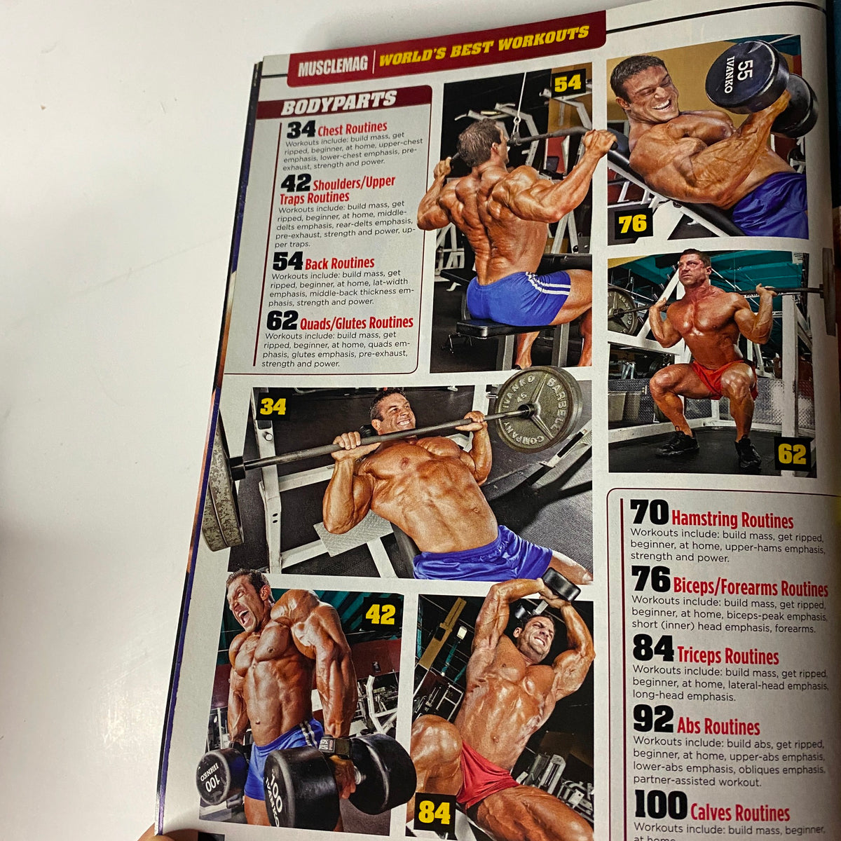 MuscleMag International Magazine Spring 2012 World's Best Workout features workout routines for various body parts including chest, back, quads, and glutes, illustrated by muscular individuals performing weightlifting exercises.