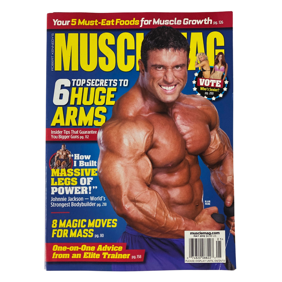 Cover of MuscleMag International Magazine May 2012 featuring bodybuilder showcasing impressive physique with headline on arm training tips and muscle growth food suggestions.