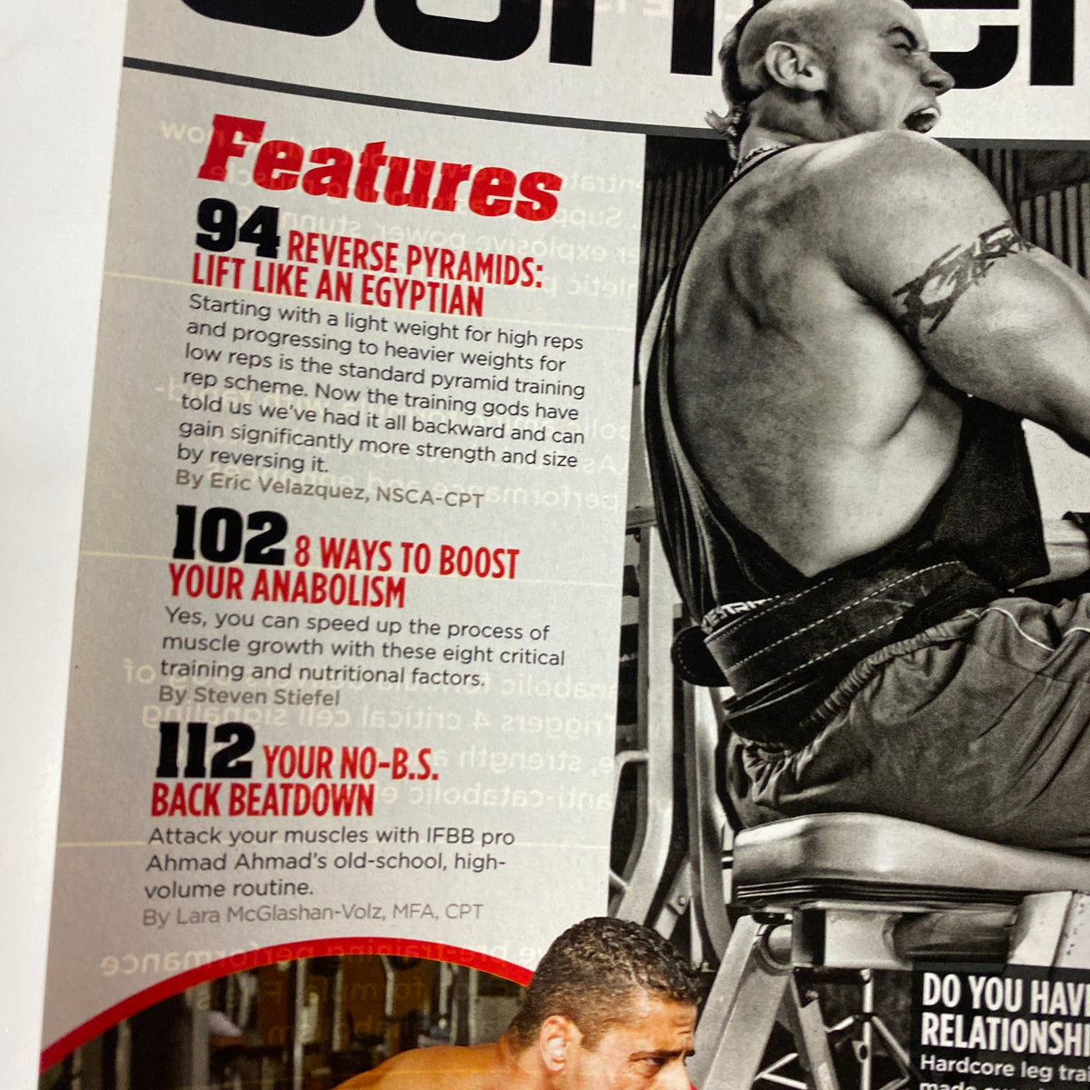 Inside page of MuscleMag International Magazine June 2012 detailing features on bodybuilding with a focus on weight lifting techniques and boosting metabolism, complemented by images of athletes in action.