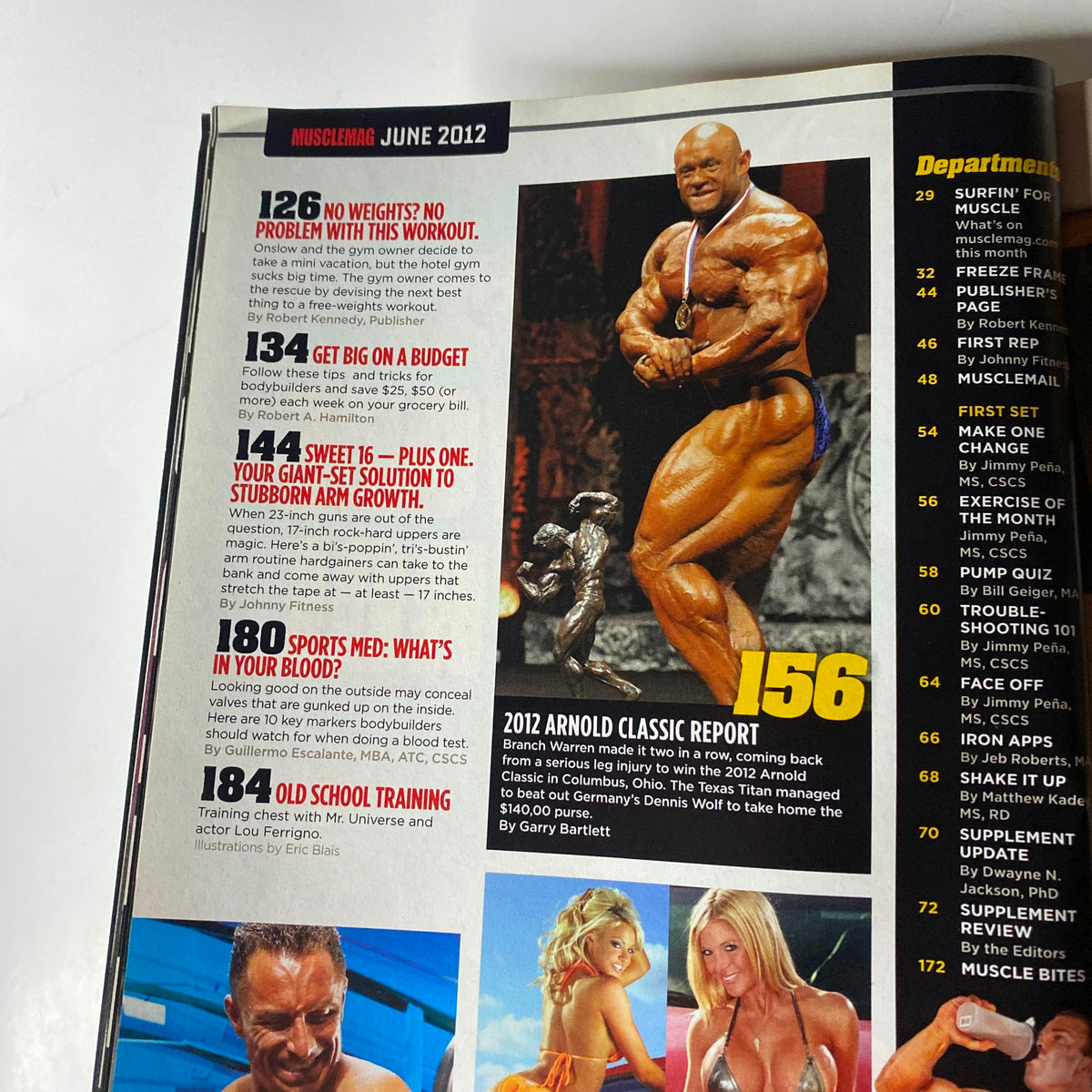 Another page from MuscleMag International Magazine June 2012 showcasing articles on workout strategies, nutrition advice, and the coverage of the 2012 Arnold Classic with imagery of bodybuilders in competition.
