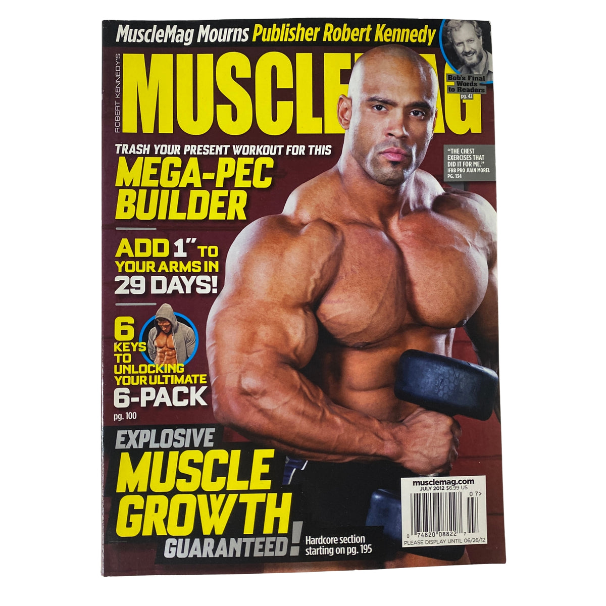 MuscleMag International Magazine July 2012 #362 featuring Juan Morel on the cover, showcasing muscle-building content and workout strategies.