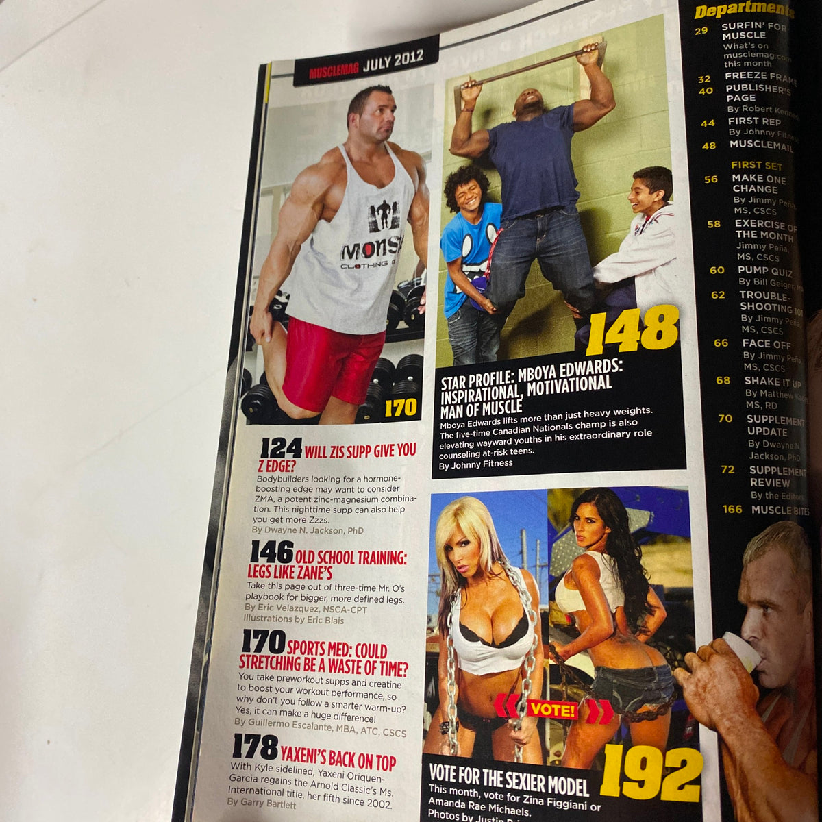Article highlights from MuscleMag International Magazine July 2012, covering training tips, nutrition advice, and fitness features.