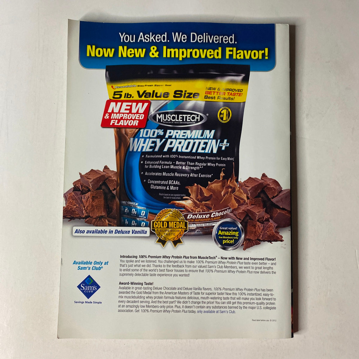 Advertisement for MuscleTech's new and improved 5 lb Premium Whey Protein+ in Deluxe Chocolate flavor. Promotes high-quality protein for muscle building and fitness.