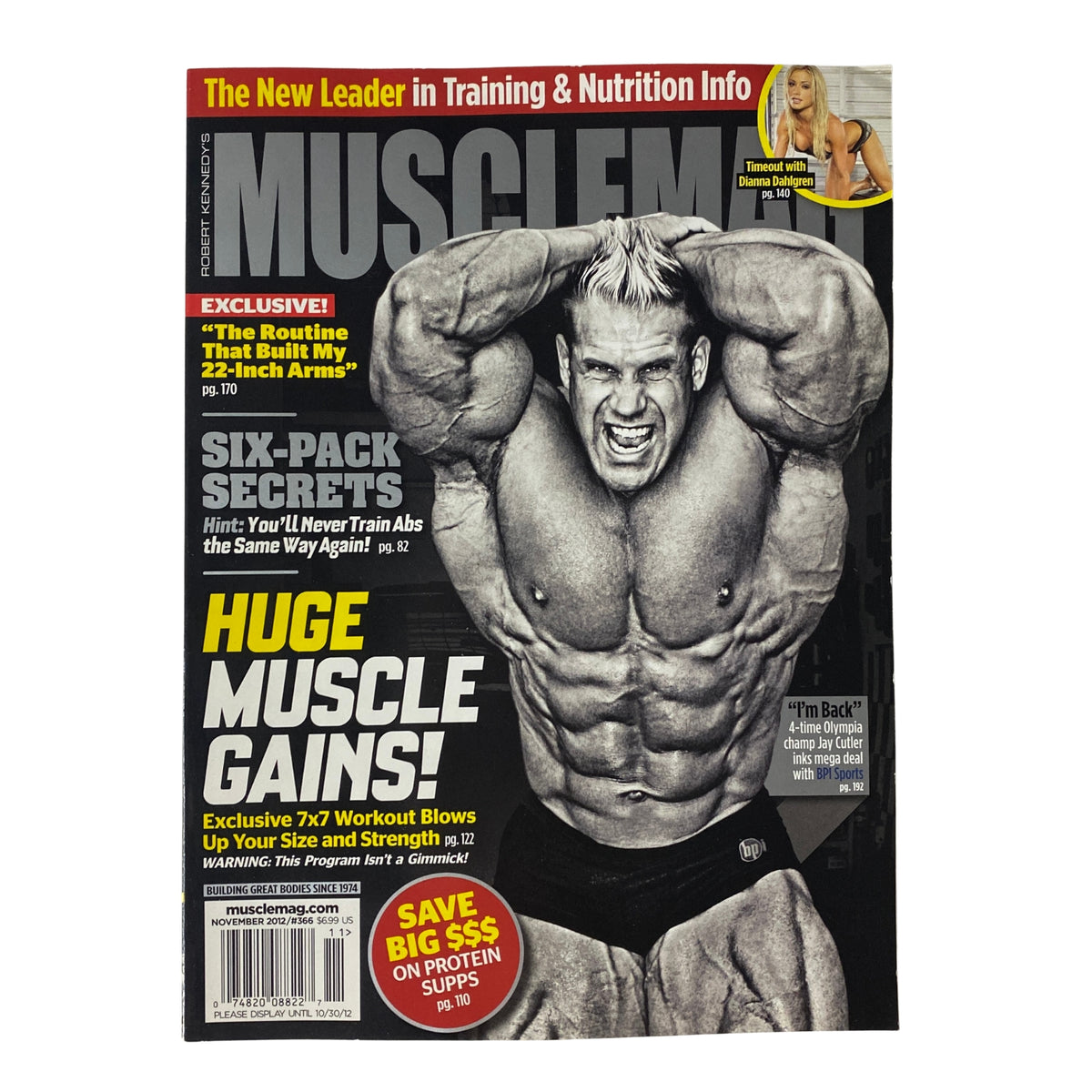 MuscleMag International Magazine November 2012 issue featuring Jay Cutler on the cover, showcasing a muscular physique and promoting advanced training and nutrition strategies for bodybuilders.
