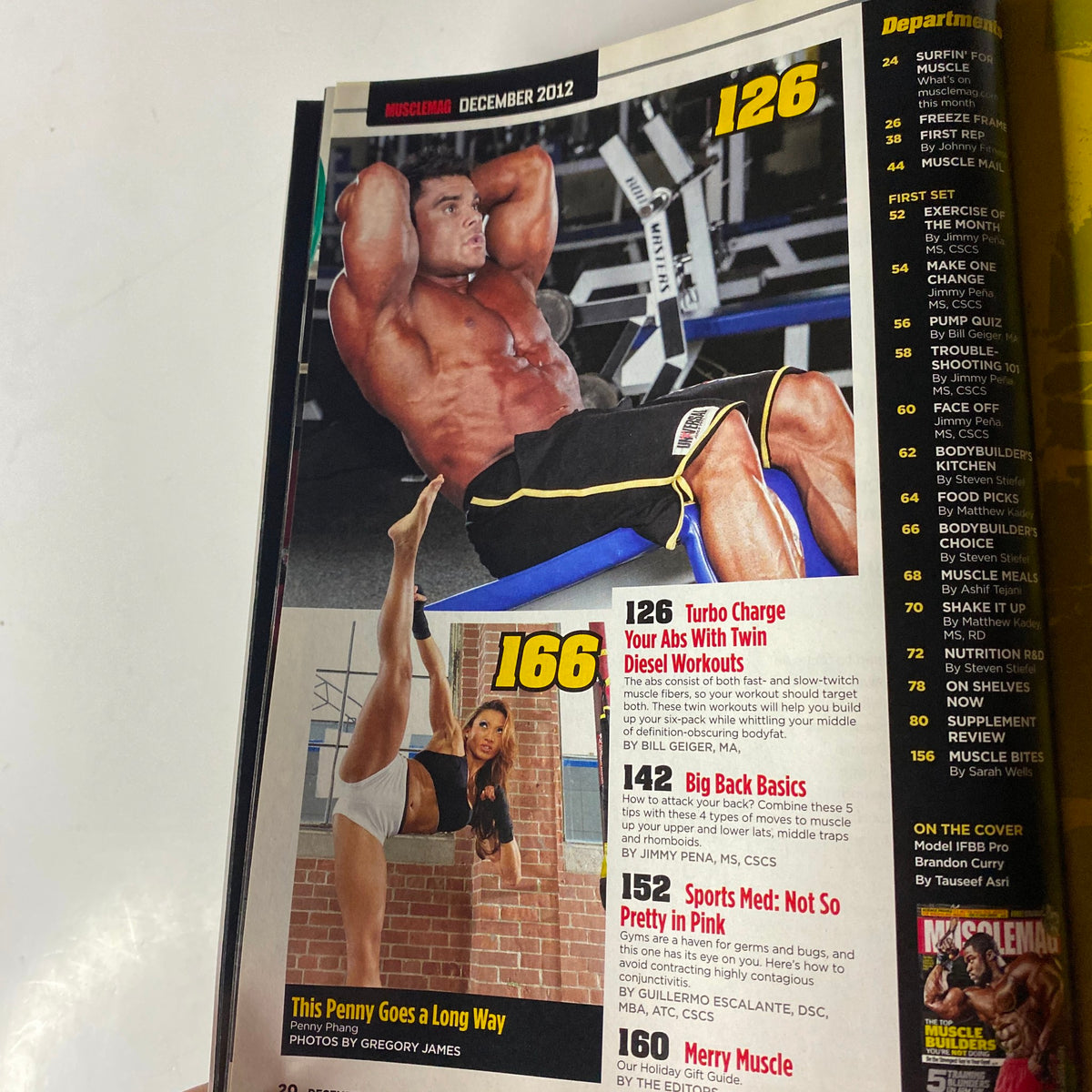 Additional interior page from MuscleMag International Magazine December 2012 featuring workout techniques and fitness tips for improving arm strength.