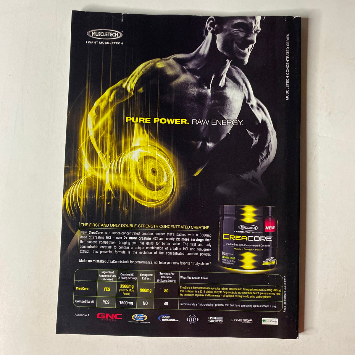 MuscleMag International Magazine December 2012 features a promotional ad for MuscleTech's Creatine product, emphasizing 'Pure Power' and 'Raw Energy', aligning with the theme of bodybuilding and training supplements. This magazine issue, showcasing Brandon Curry, includes innovative fitness training and nutrition tips.