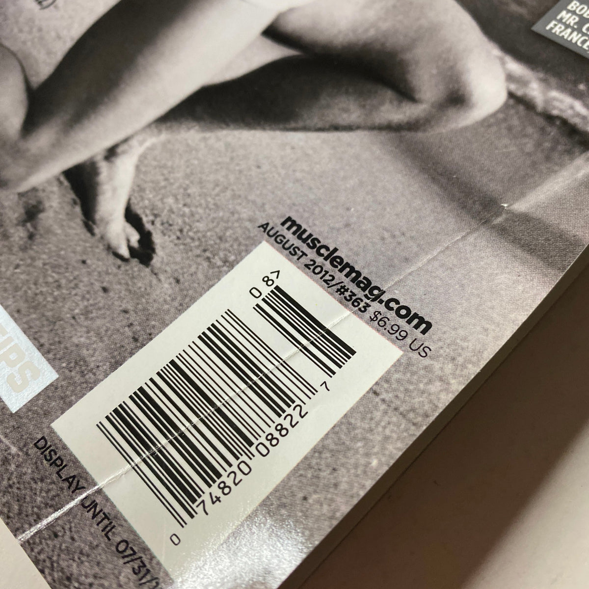 Close-up of the barcode from MuscleMag International Magazine August 2012 #363, indicating its publication details and pricing.