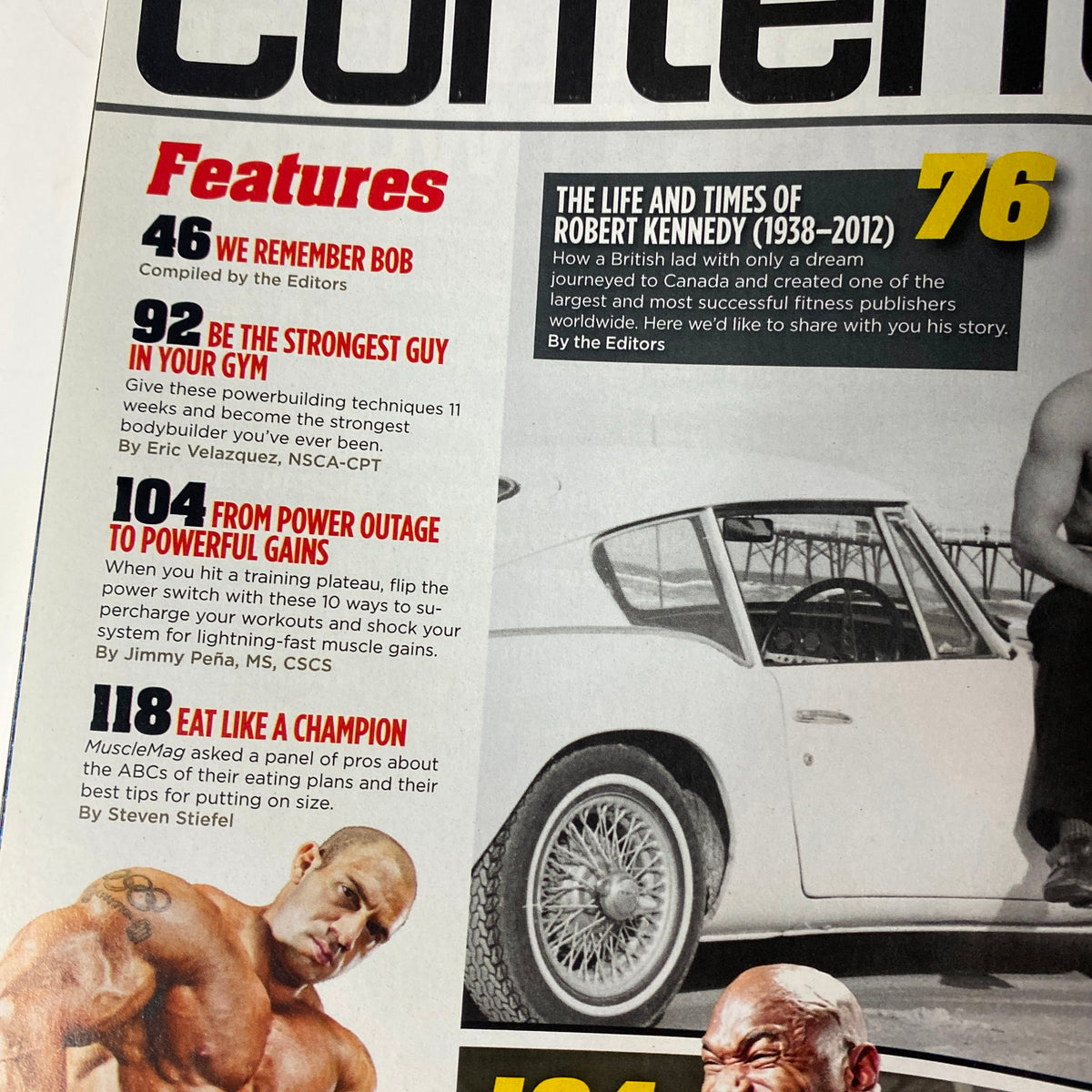 Inside content page of MuscleMag International Magazine August 2012 #363, highlighting features and articles, including a tribute to Robert Kennedy.