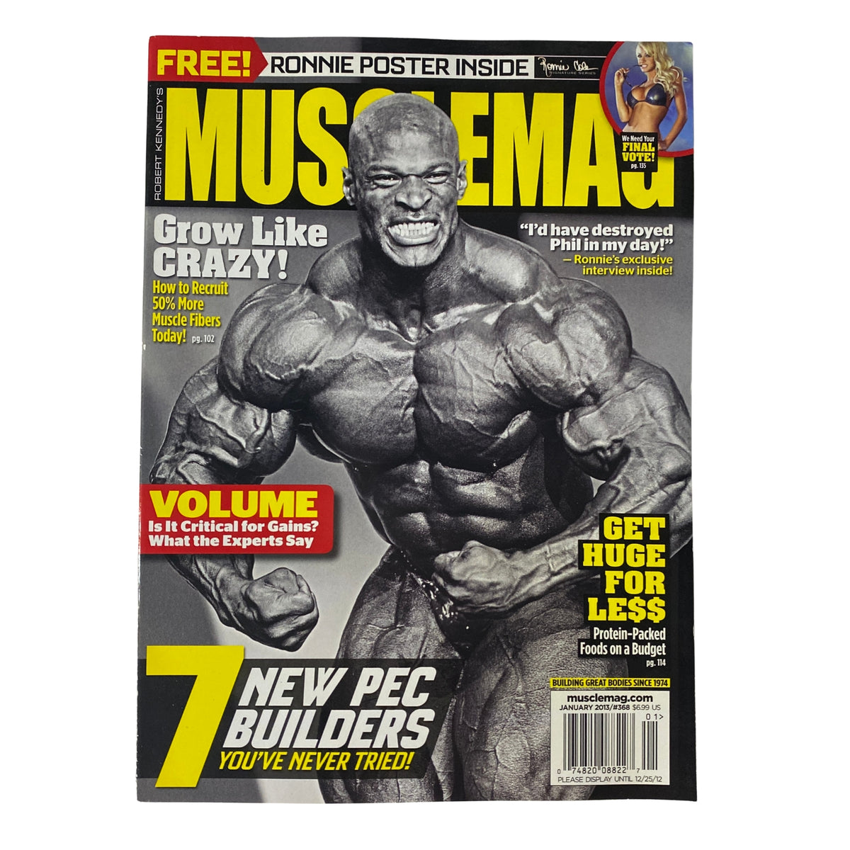 Cover of MuscleMag International Magazine January 2013, Issue #368 featuring Ronnie Coleman, showcasing bodybuilding strategies and fitness advice with a striking image of Coleman flexing muscles.