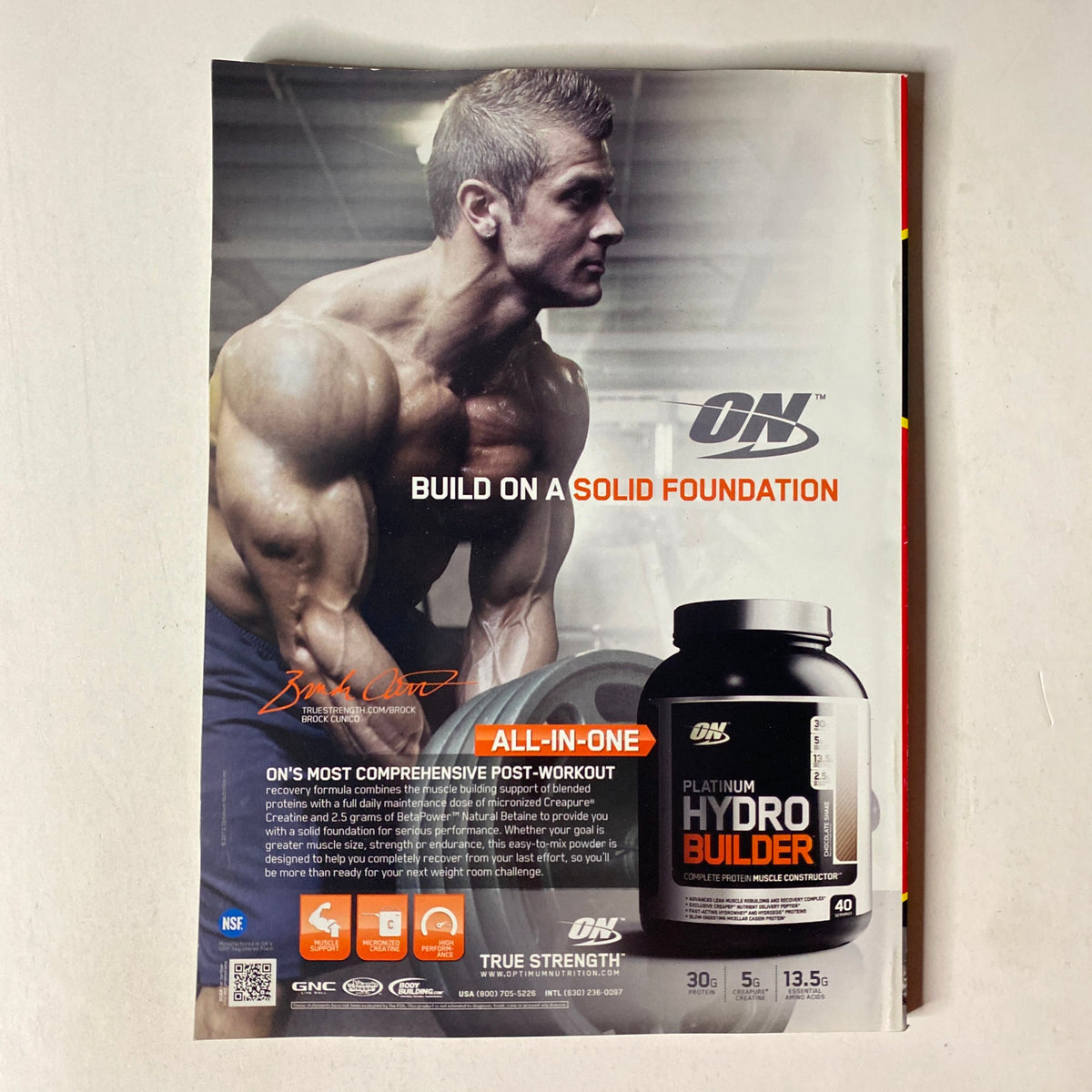 MuscleMag International Magazine January 2013 #368 advertisement for ON Platinum Hydro Builder, highlighting a muscular athlete promoting the post-workout supplement.